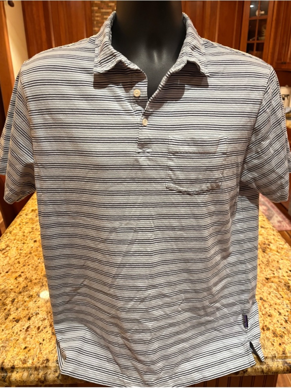 Patagonia Navy and White Horizontal Stripe Polo